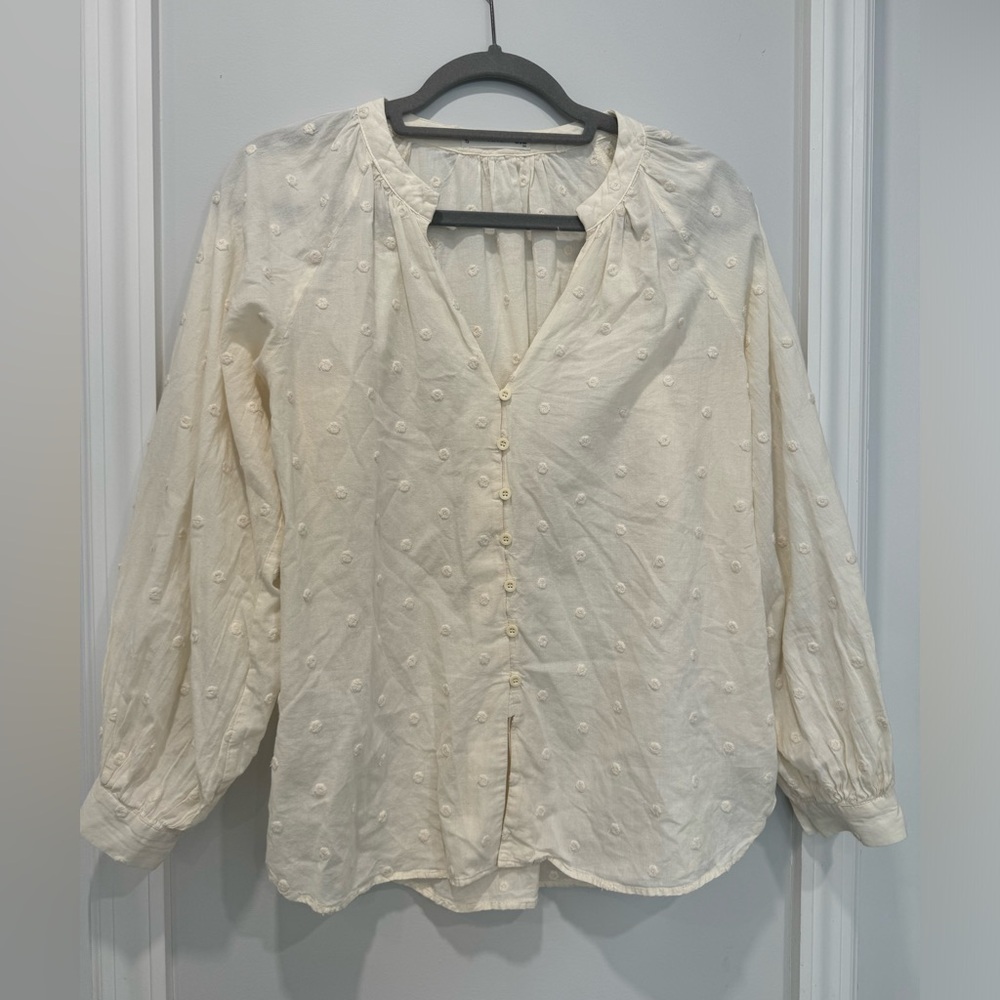 Mango Cream Embroidered Button-Front Blouse